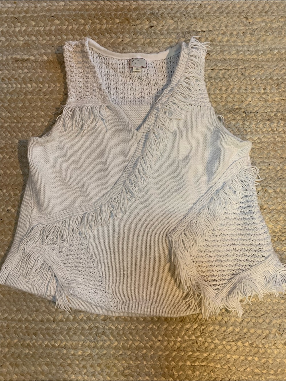 Anthropologie White Fringe Cotton and Silk Knit Tank Sweater